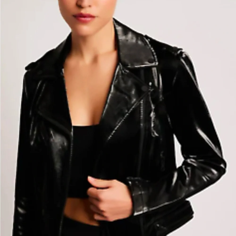 Topshop Women's Black 100% Polyester Cropped Biker Jacket Ladies Zipper Pocket - Picture 6 of 12